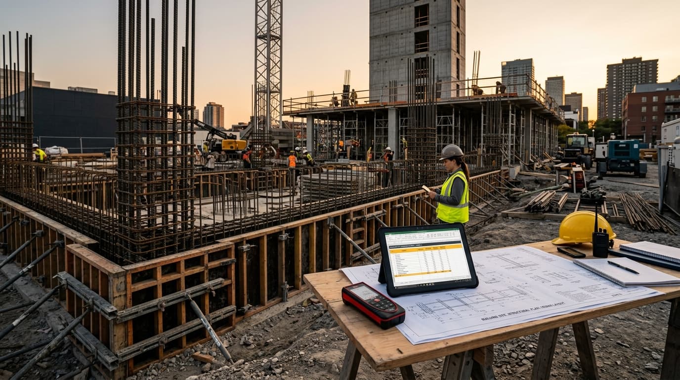 Ferraillage haute adhérence d'un chantier de gros œuvre avec plans d'exécution et outils de métré
