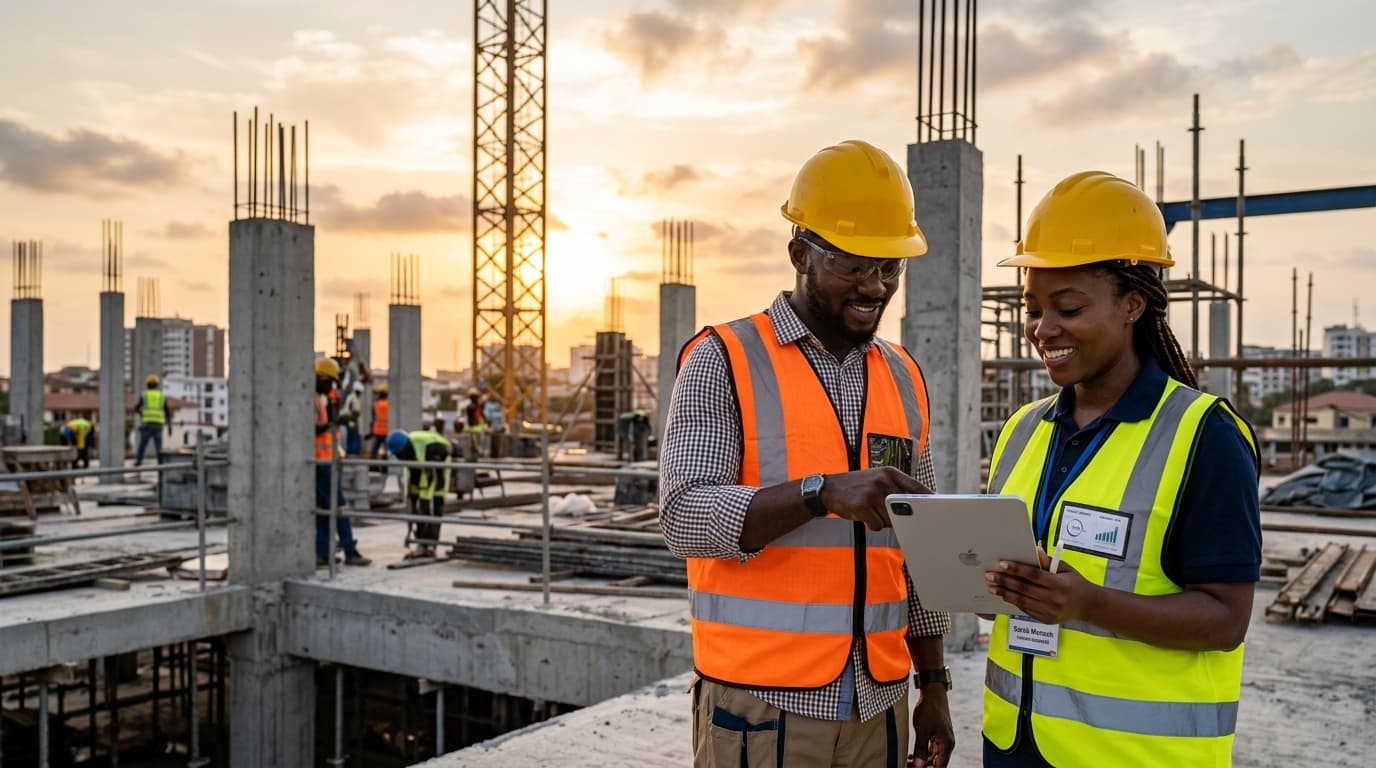 Ingénieur BTP analysant les courbes de rentabilité et le suivi financier d'un chantier sur tablette
