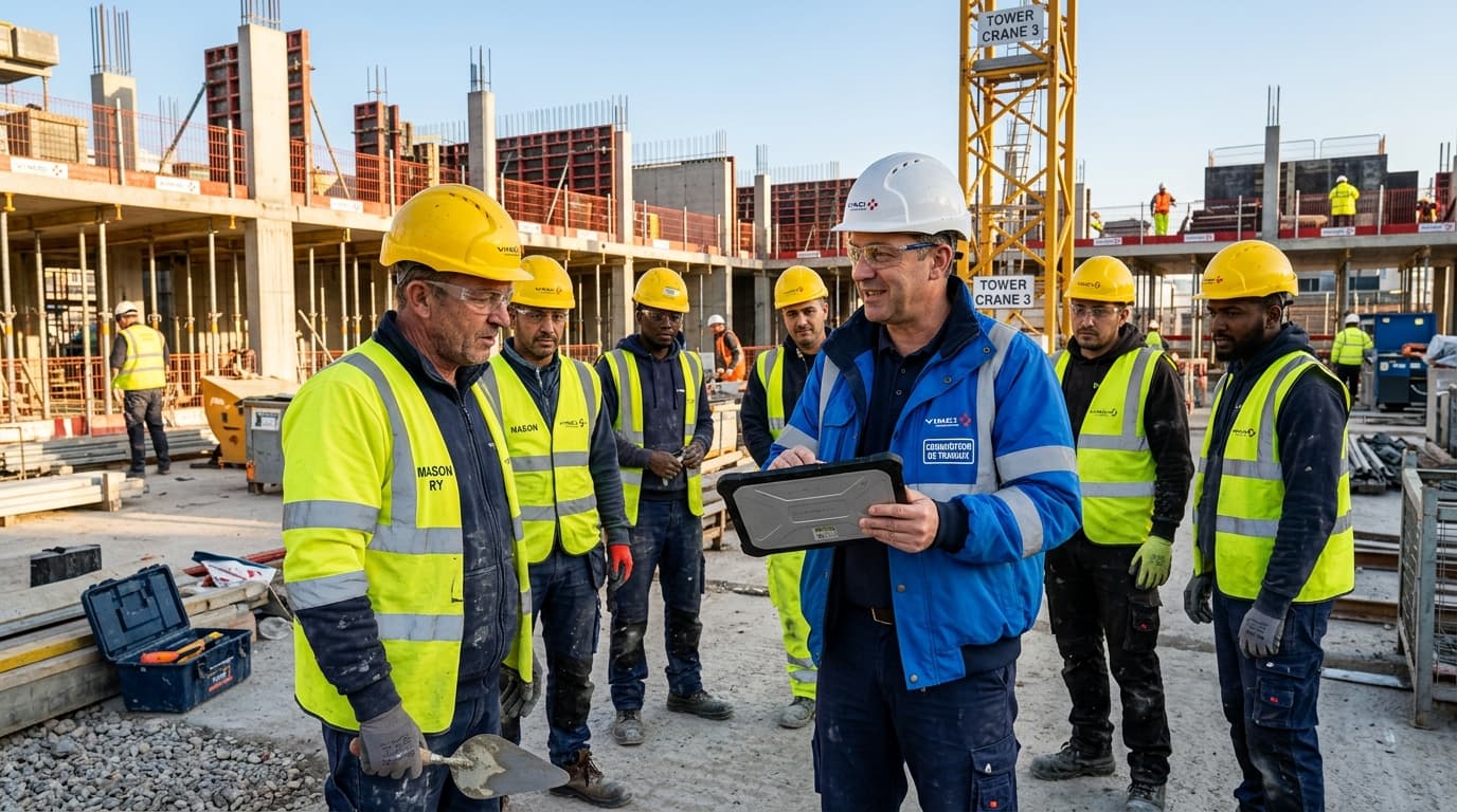 Conducteur de travaux effectuant le pointage numérique des équipes sur tablette lors du briefing matinal