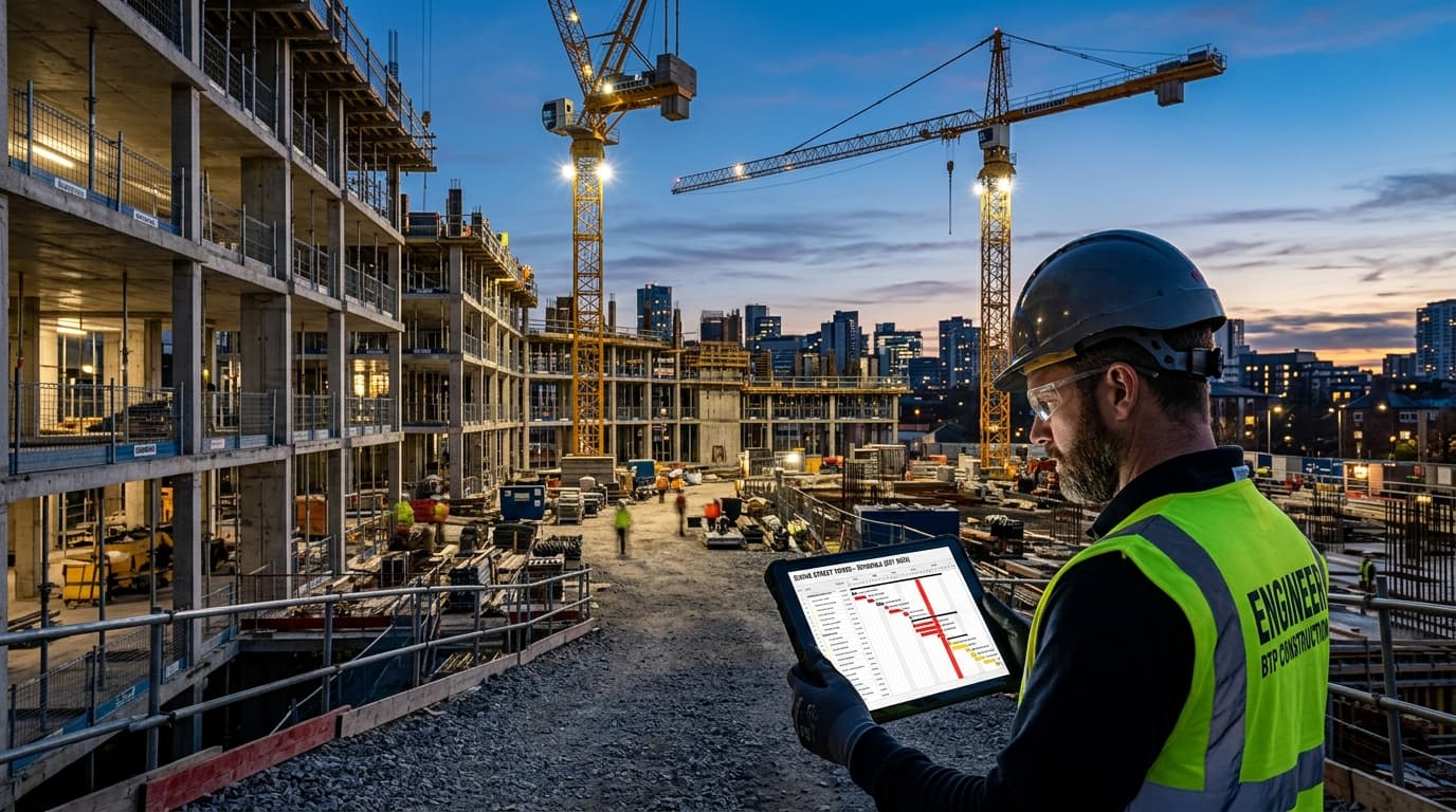 Réunion d'ordonnancement et de pilotage de chantier autour d'un diagramme de Gantt interactif et des plans d'exécution