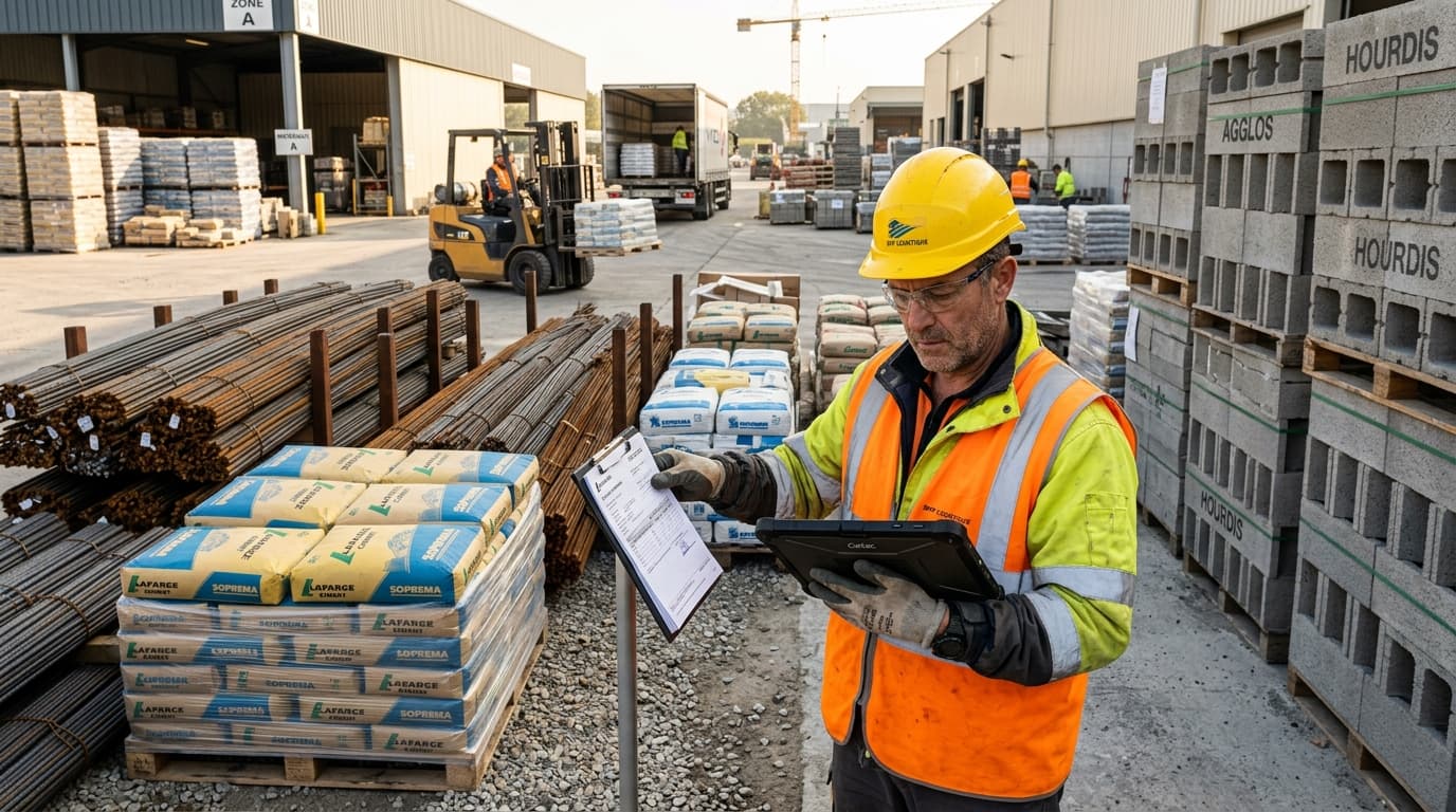 Dépôt logistique BTP organisé avec palettes de ciment, barres d'acier identifiées et contrôle d'inventaire numérique